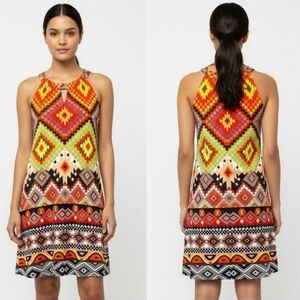 Isle by Melis Kozan Geometric Halter Dress‎ Multicolor Aztec Tribal Boho Chic M